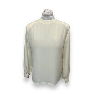 Women’s Long Sleeve Dressy Blouse Back Button Closure VTG 70s High Neck Cream 8